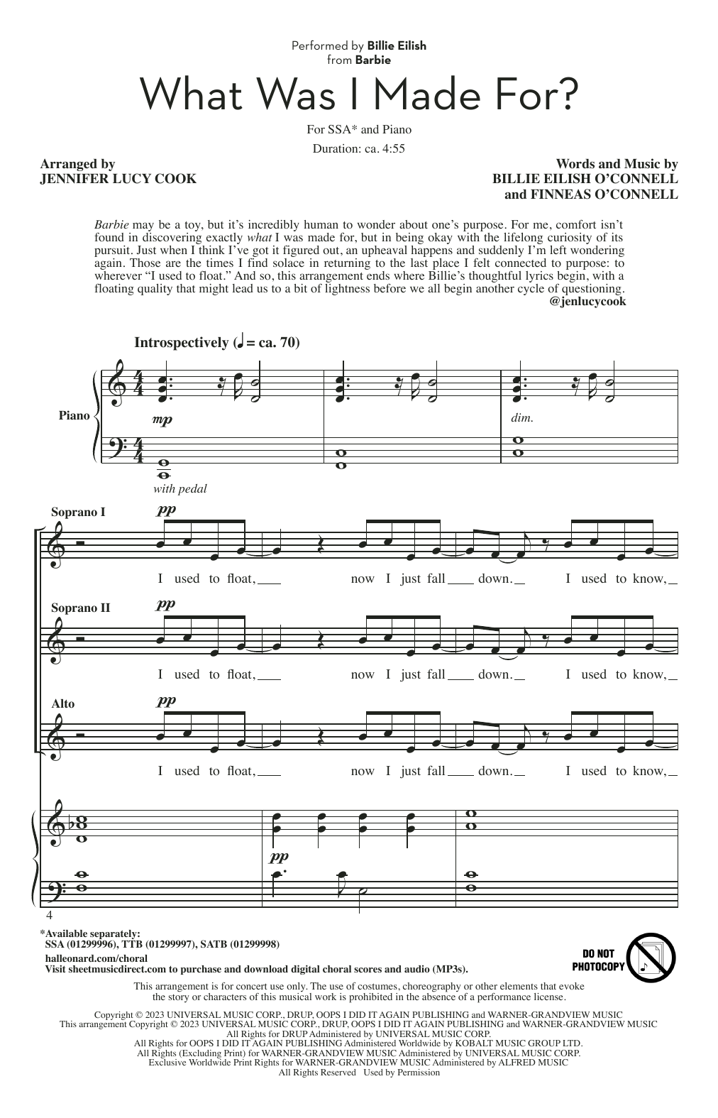 Billie Eilish What Was I Made For? (from Barbie) (arr. Jennifer Lucy Cook) sheet music notes and chords arranged for TTB Choir