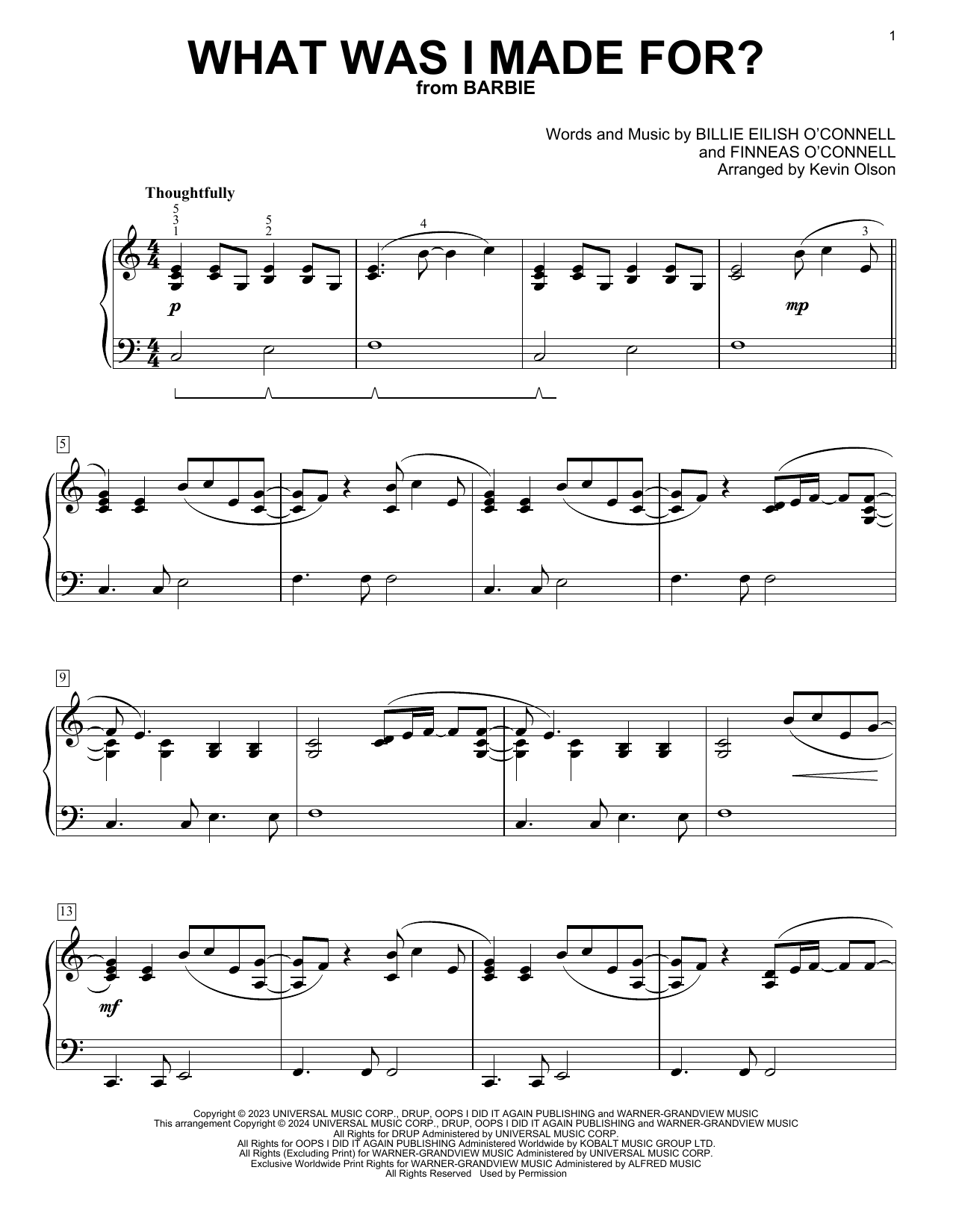 Billie Eilish What Was I Made For? (from Barbie) (arr. Kevin Olson) sheet music notes and chords arranged for Easy Piano Solo
