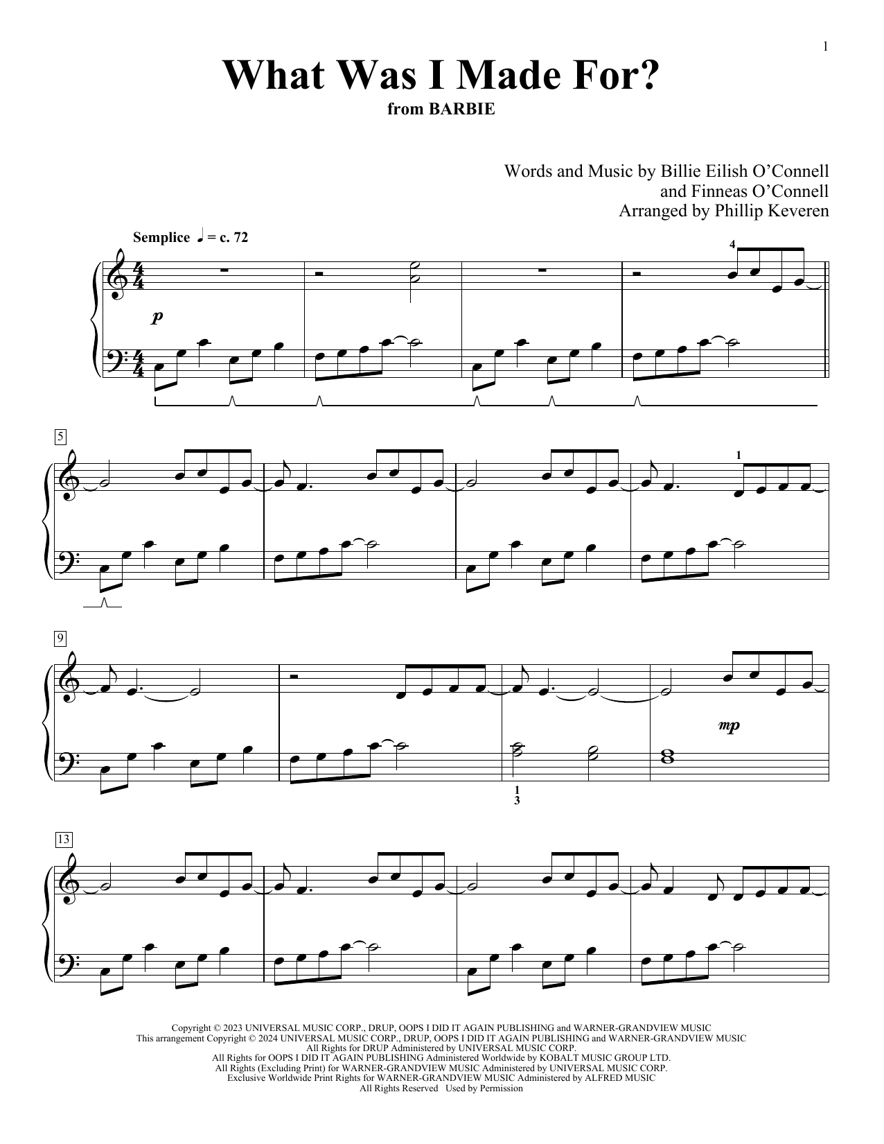 Billie Eilish What Was I Made For? (from Barbie) (arr. Phillip Keveren) sheet music notes and chords arranged for Piano Solo