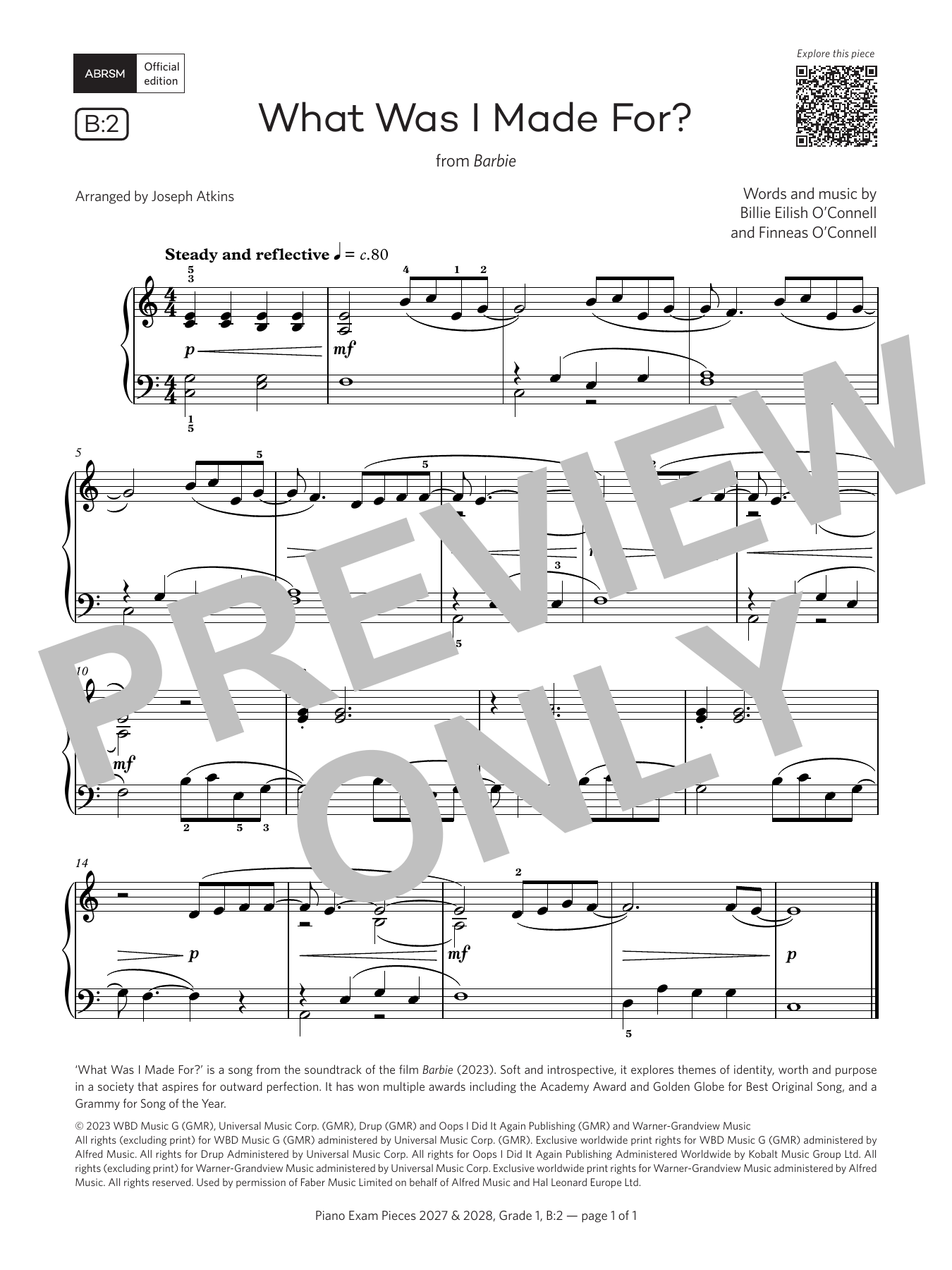 Finneas O'Connell What Was I Made For? (Grade 1, list B2, from the ABRSM Piano Syllabus 2027 & 2028) sheet music notes and chords arranged for Piano Solo