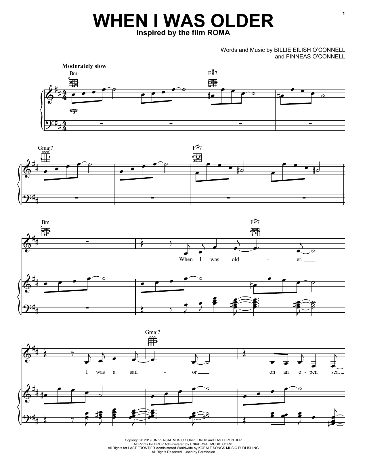 Billie Eilish WHEN I WAS OLDER (Music Inspired by Roma) sheet music notes and chords arranged for Piano, Vocal & Guitar Chords (Right-Hand Melody)