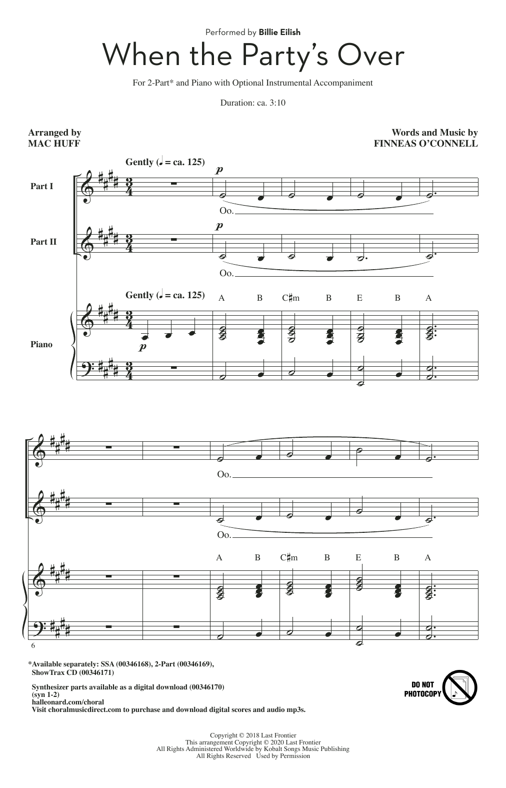Billie Eilish when the party's over (arr. Mac Huff) sheet music notes and chords arranged for SSA Choir