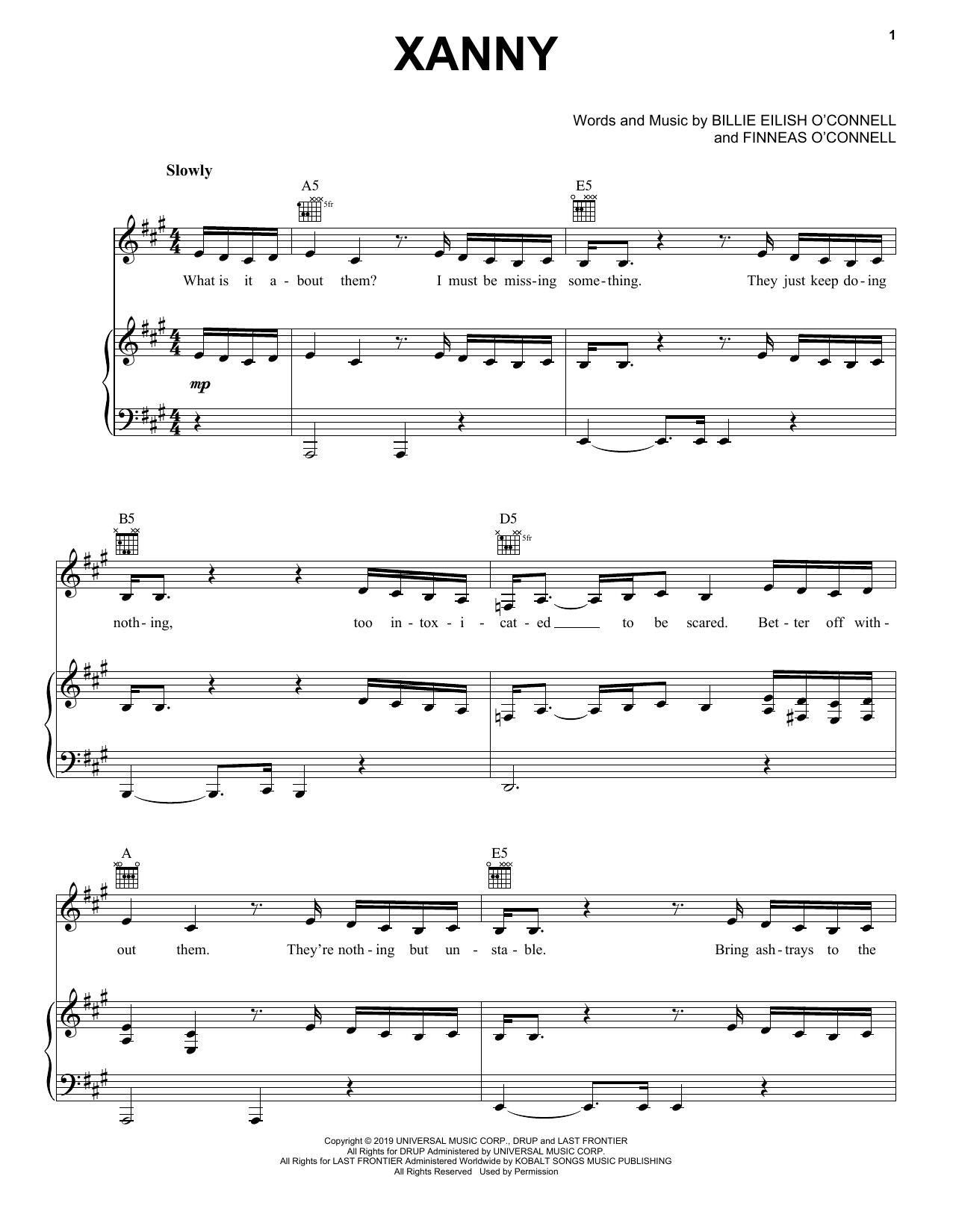 Billie Eilish xanny sheet music notes and chords arranged for Piano, Vocal & Guitar Chords (Right-Hand Melody)