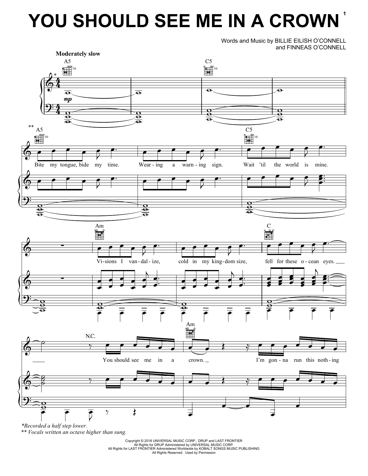Billie Eilish you should see me in a crown sheet music notes and chords arranged for Piano, Vocal & Guitar Chords (Right-Hand Melody)