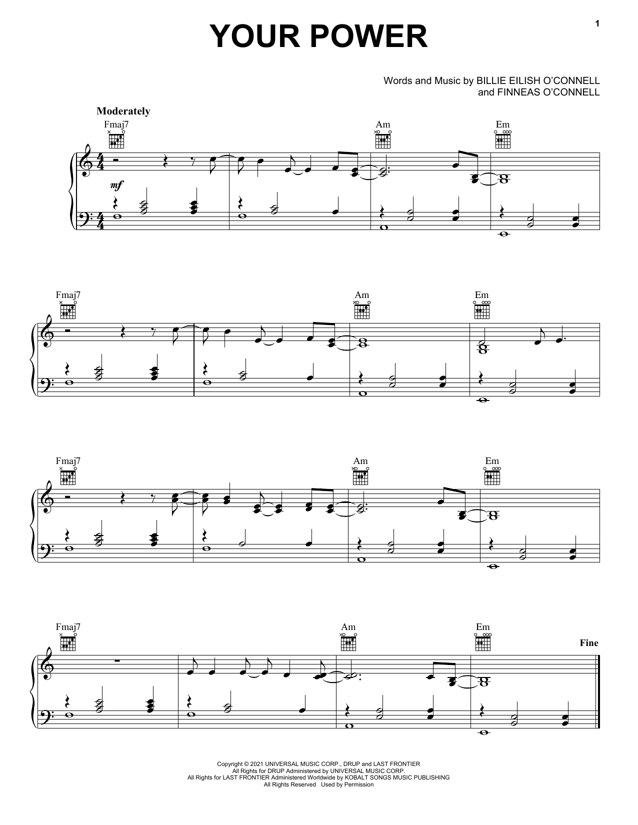 Billie Eilish Your Power sheet music notes and chords arranged for Guitar Chords/Lyrics