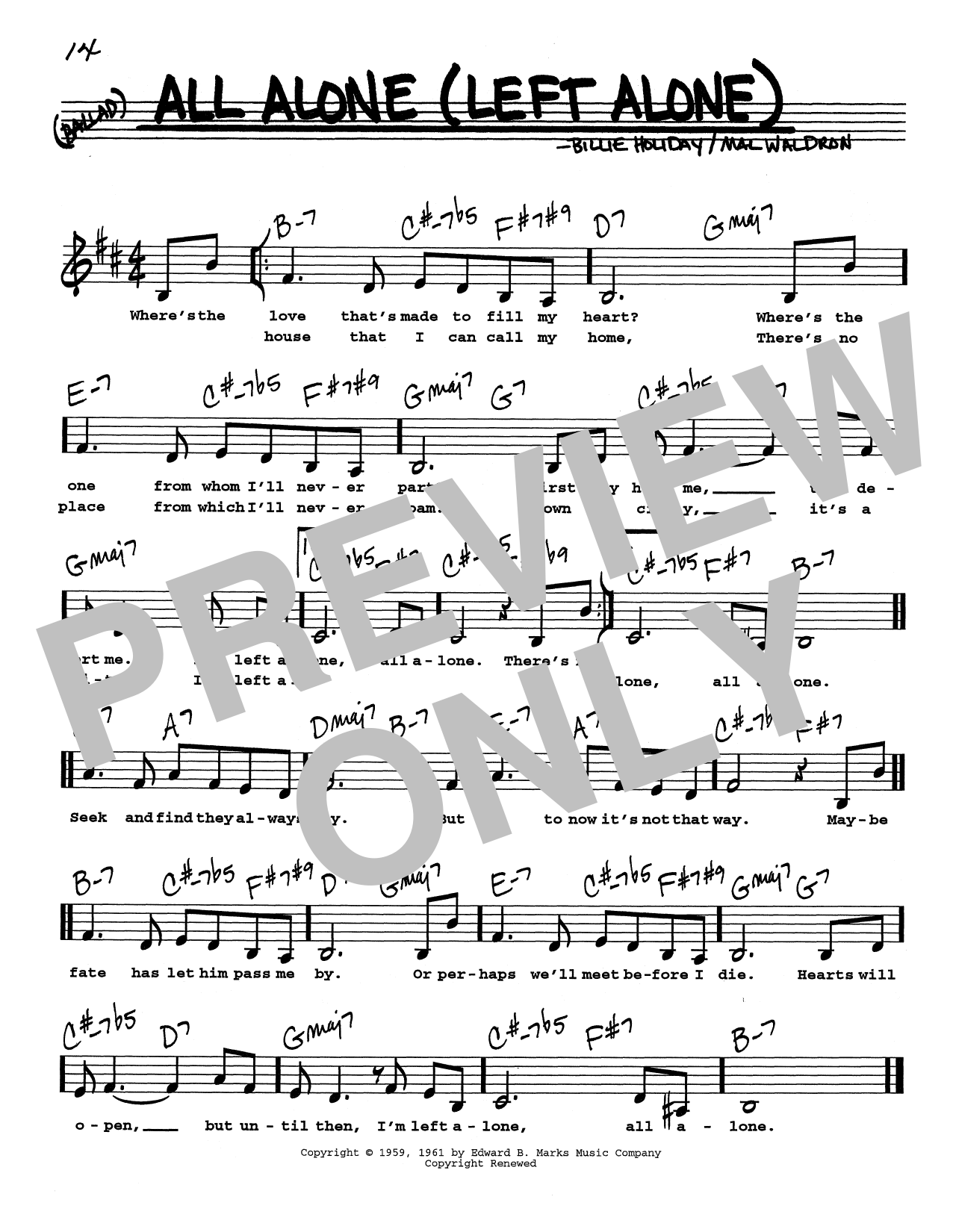 Billie Holiday All Alone (Left Alone) (Low Voice) sheet music notes and chords arranged for Real Book – Melody, Lyrics & Chords