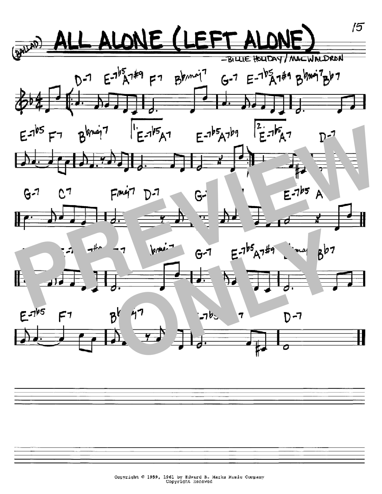 Billie Holiday All Alone (Left Alone) sheet music notes and chords arranged for Real Book – Melody & Chords – Bass Clef Instruments