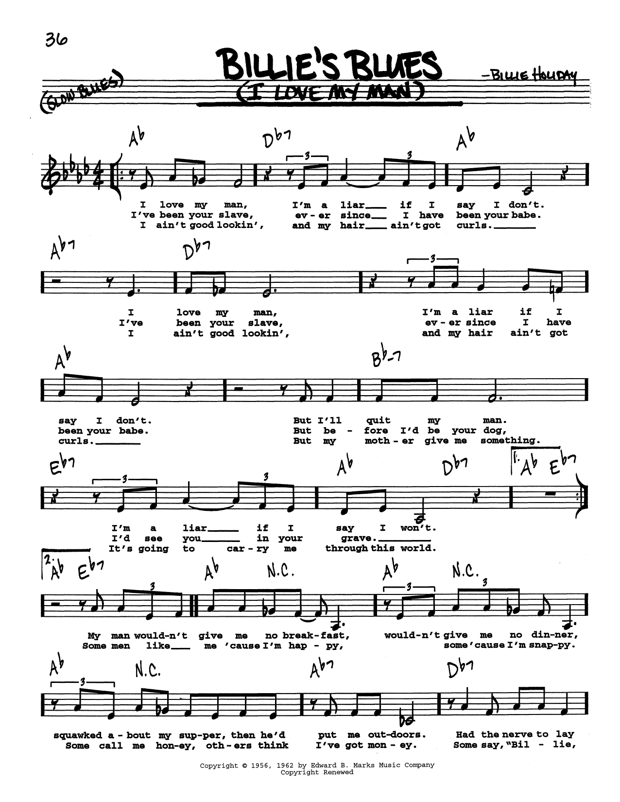 Billie Holiday Billie's Blues (I Love My Man) (Low Voice) sheet music notes and chords arranged for Real Book – Melody, Lyrics & Chords