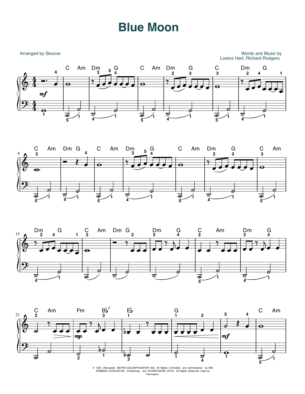 Billie Holiday Blue Moon (arr. Skoove) sheet music notes and chords arranged for Beginner Piano (Abridged)