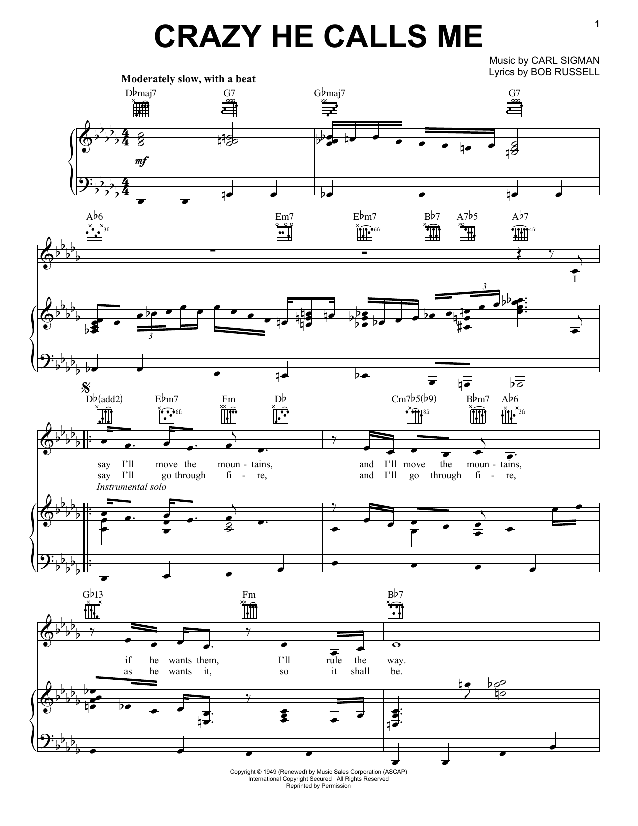 Billie Holiday Crazy She Calls Me sheet music notes and chords arranged for Piano, Vocal & Guitar Chords (Right-Hand Melody)