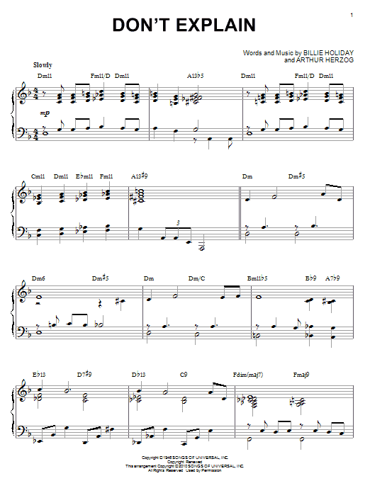Billie Holiday Don't Explain (arr. Brent Edstrom) sheet music notes and chords arranged for Piano Solo