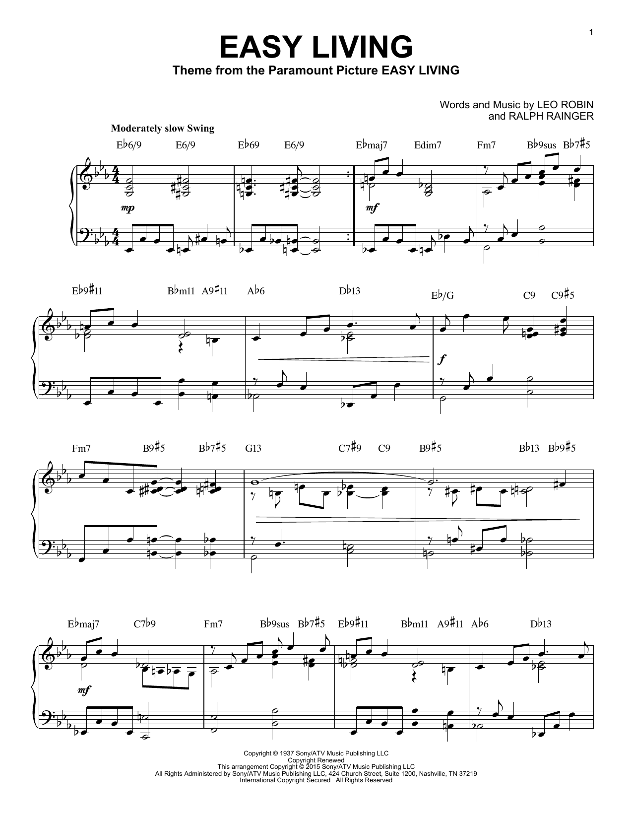 Billie Holiday Easy Living [Jazz version] (arr. Brent Edstrom) sheet music notes and chords arranged for Piano Solo