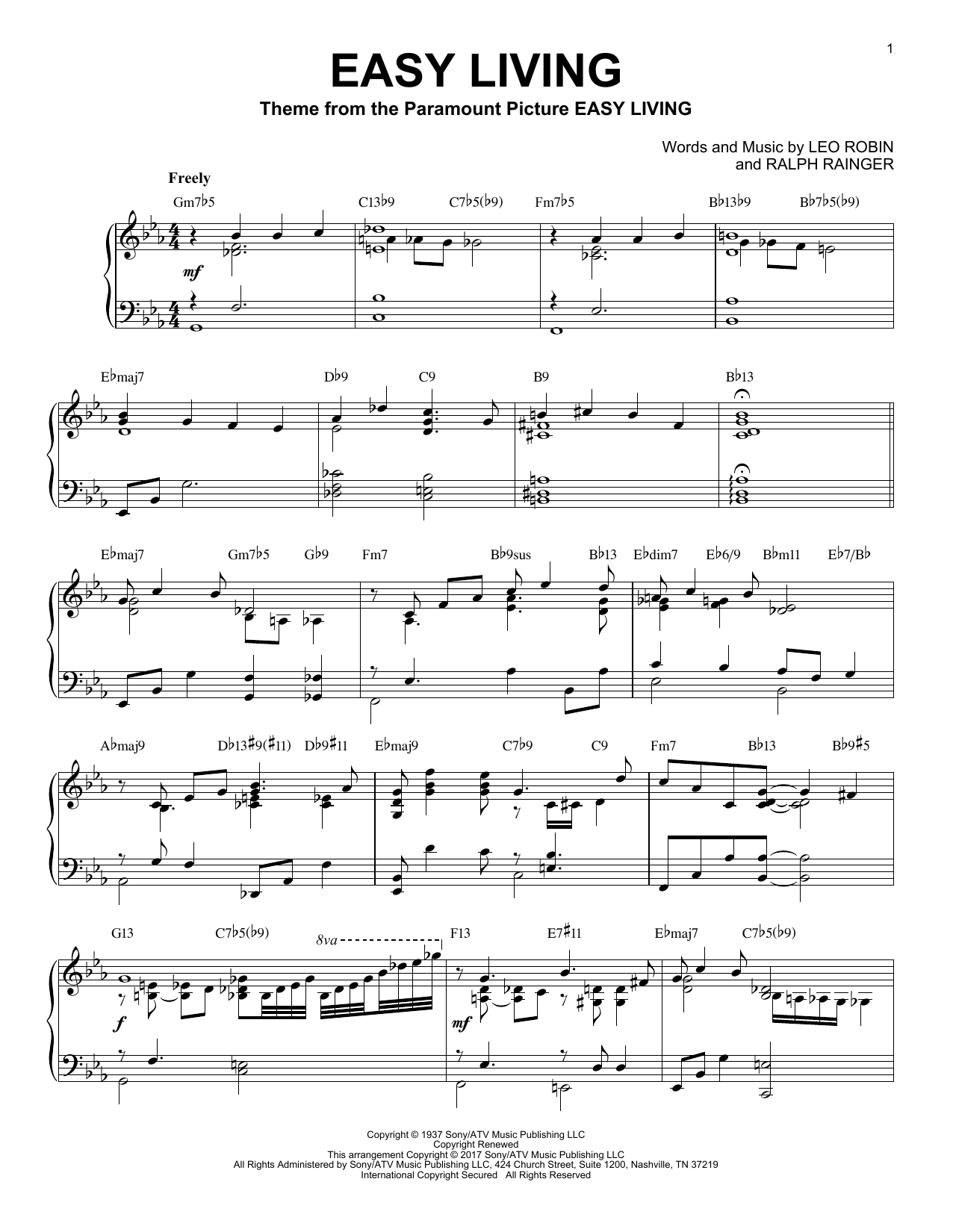 Billie Holiday Easy Living [Jazz version] sheet music notes and chords arranged for Piano Solo
