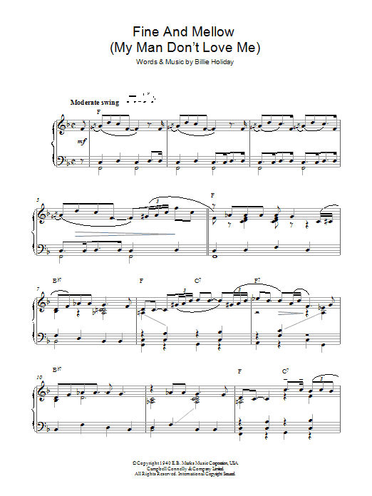 Billie Holiday Fine And Mellow (My Man Don't Love Me) sheet music notes and chords arranged for Piano, Vocal & Guitar Chords