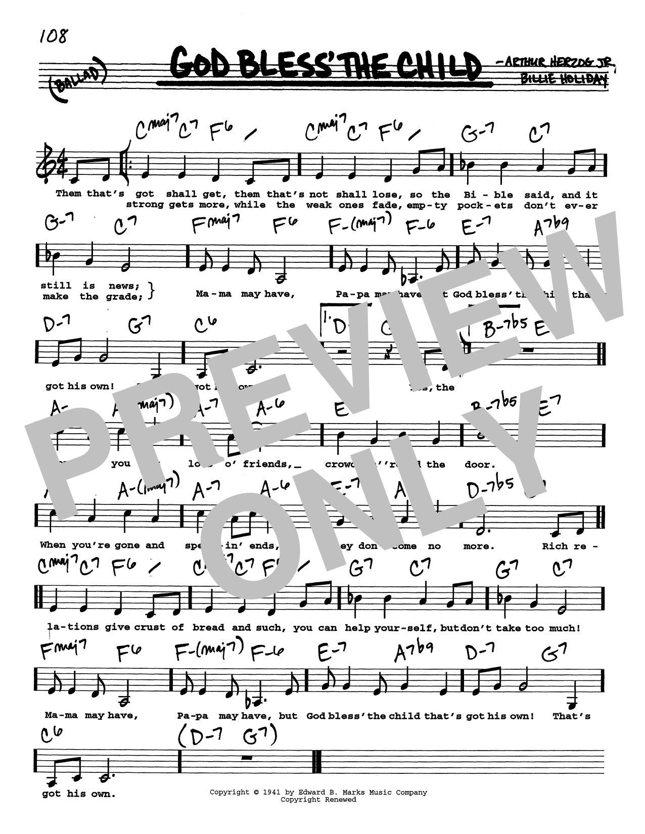 Billie Holiday God Bless' The Child (Low Voice) sheet music notes and chords arranged for Real Book – Melody, Lyrics & Chords