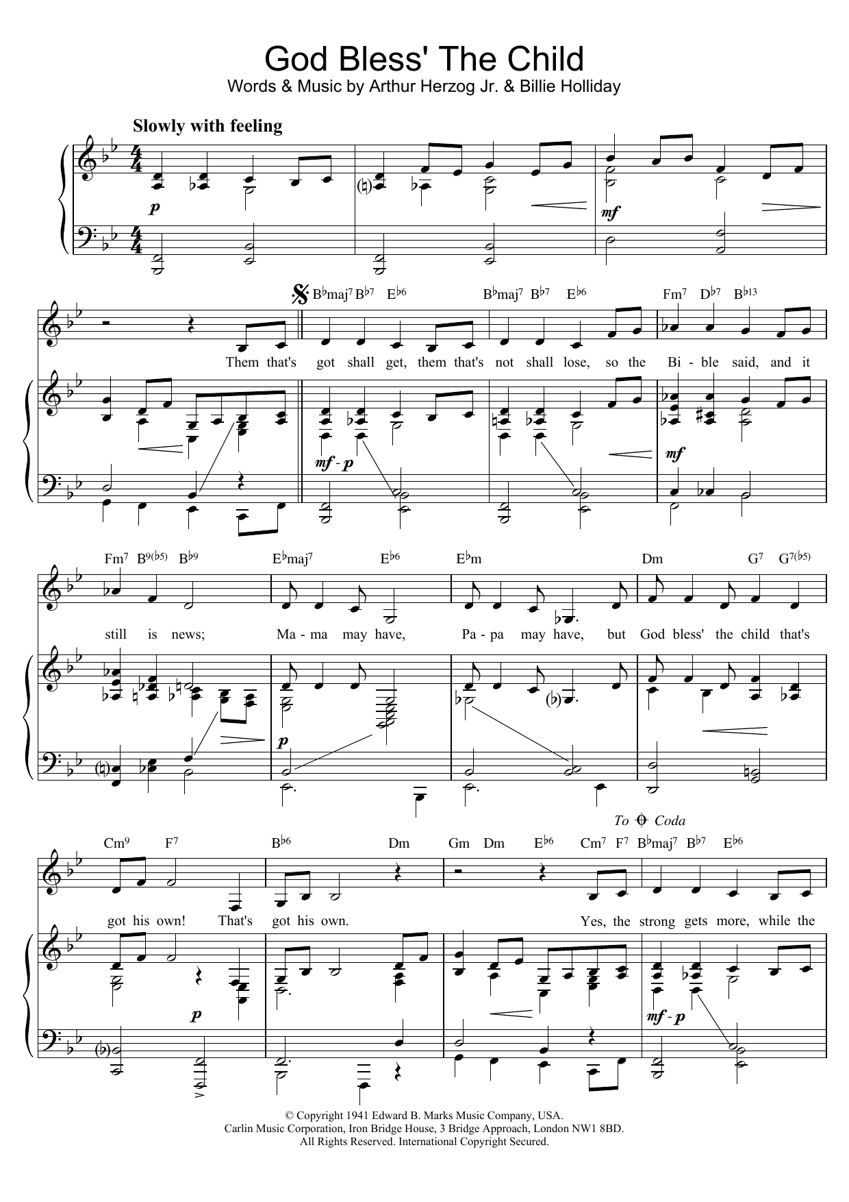 Billie Holiday God Bless' The Child sheet music notes and chords arranged for Easy Piano