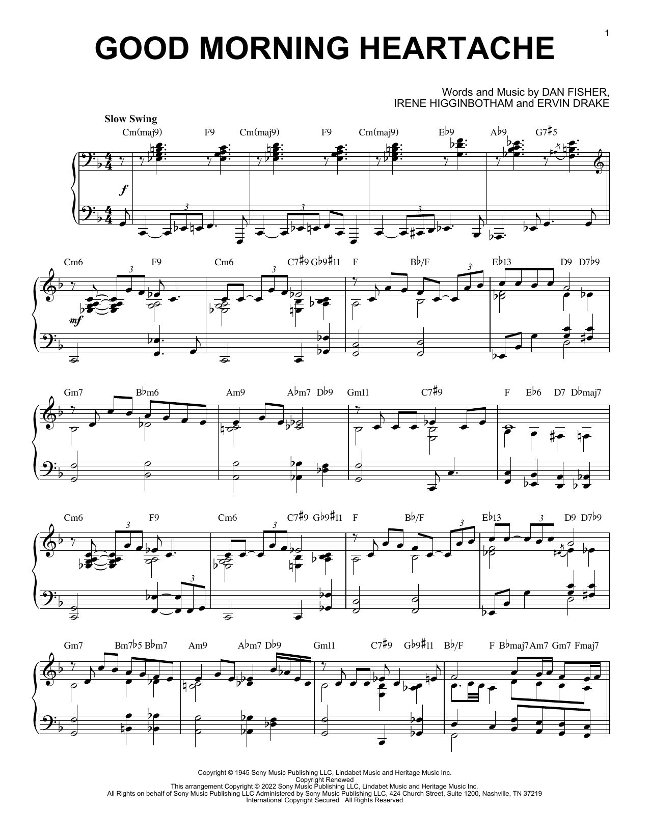 Billie Holiday Good Morning Heartache [Jazz version] (arr. Brent Edstrom) sheet music notes and chords arranged for Piano Solo