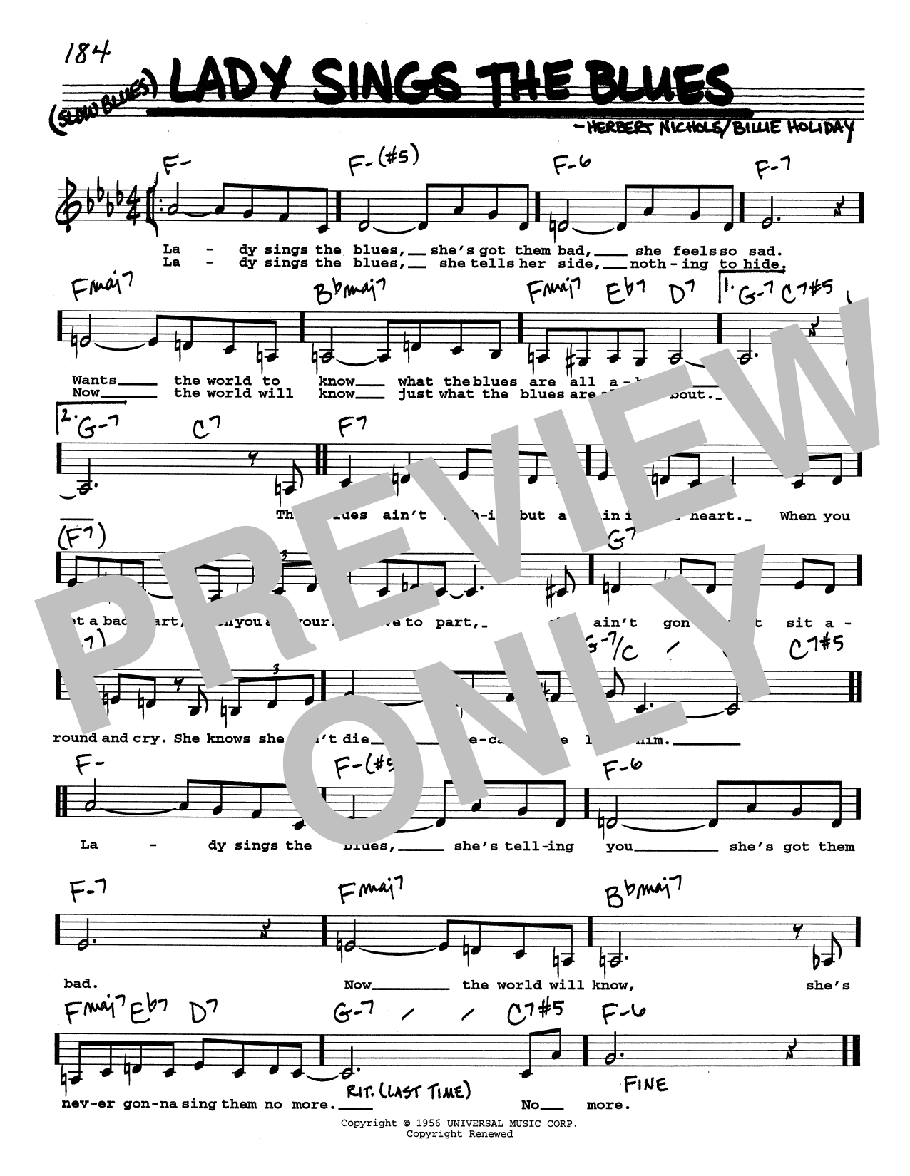 Billie Holiday Lady Sings The Blues (Low Voice) sheet music notes and chords arranged for Real Book – Melody, Lyrics & Chords