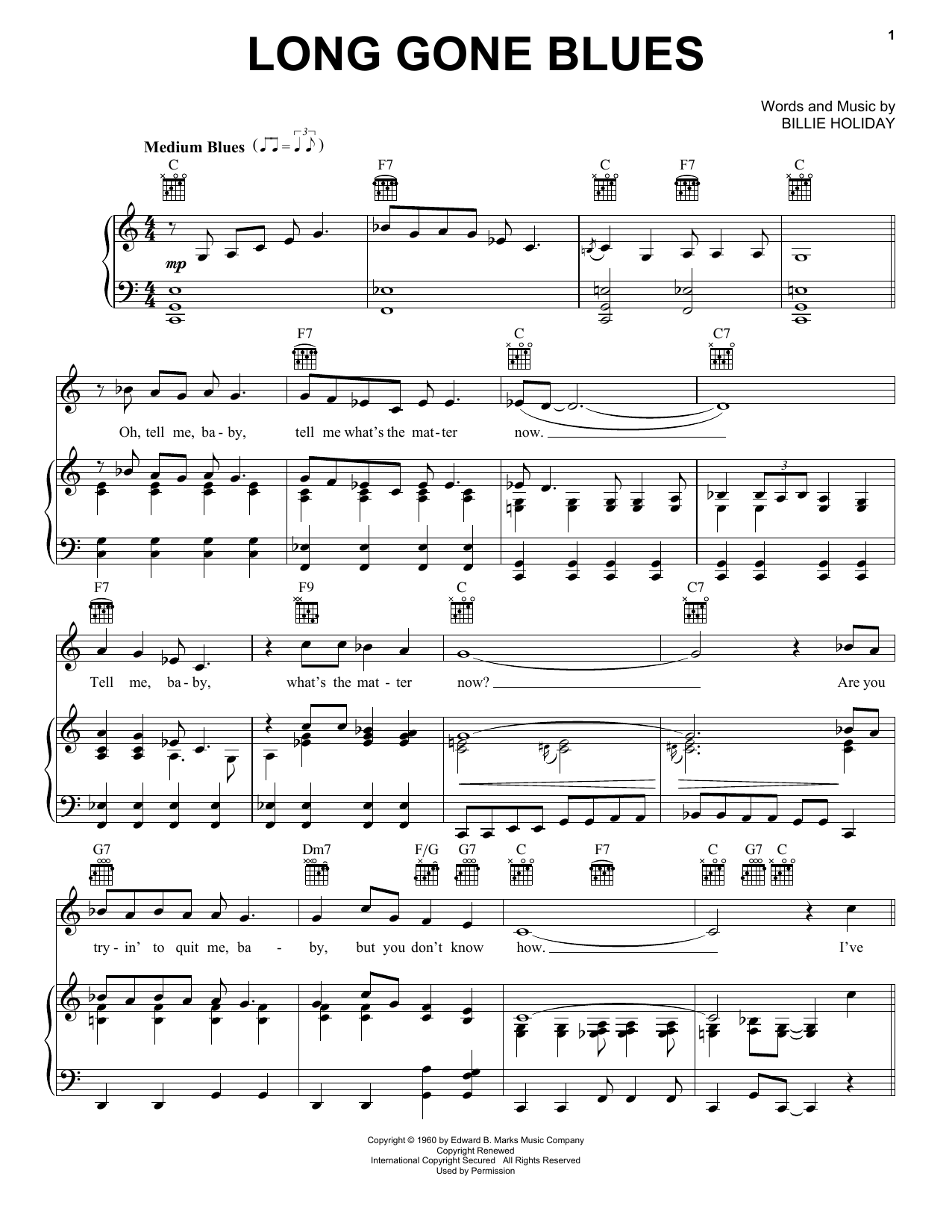 Billie Holiday Long Gone Blues sheet music notes and chords arranged for Piano, Vocal & Guitar Chords (Right-Hand Melody)