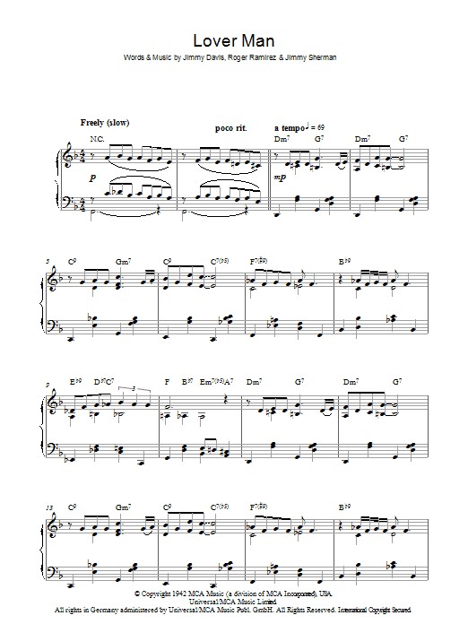 Billie Holiday Lover Man (Oh, Where Can You Be) sheet music notes and chords arranged for Piano Solo