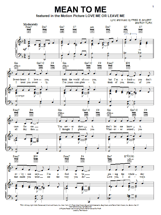 Billie Holiday Mean To Me (from Love Me Or Leave Me) sheet music notes and chords arranged for Piano, Vocal & Guitar Chords (Right-Hand Melody)