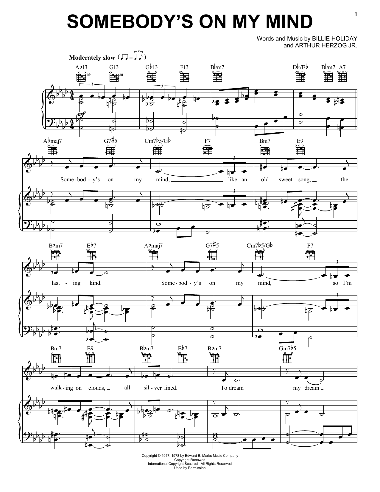 Billie Holiday Somebody's On My Mind sheet music notes and chords arranged for Piano, Vocal & Guitar Chords (Right-Hand Melody)