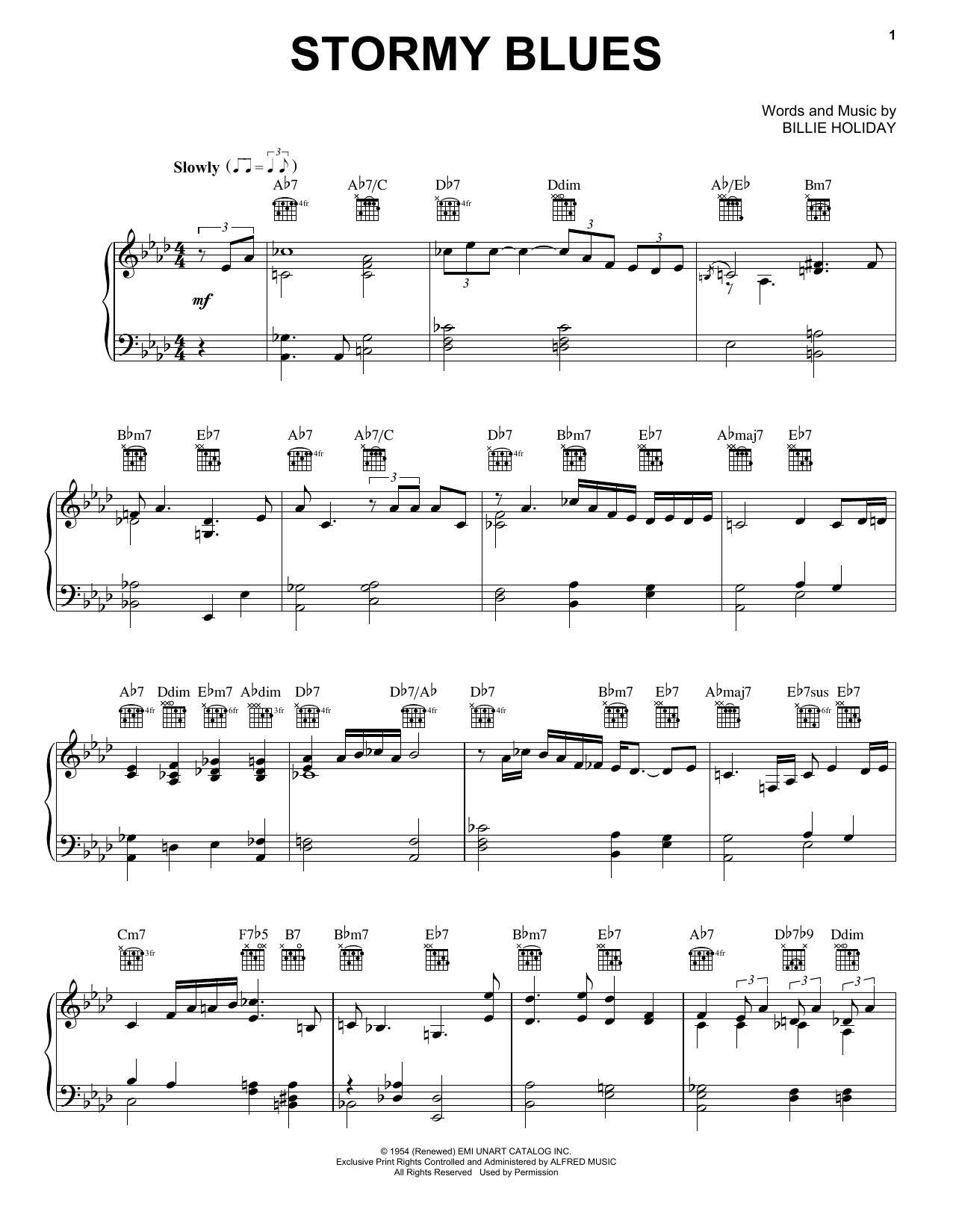 Billie Holiday Stormy Blues sheet music notes and chords arranged for Piano, Vocal & Guitar Chords (Right-Hand Melody)