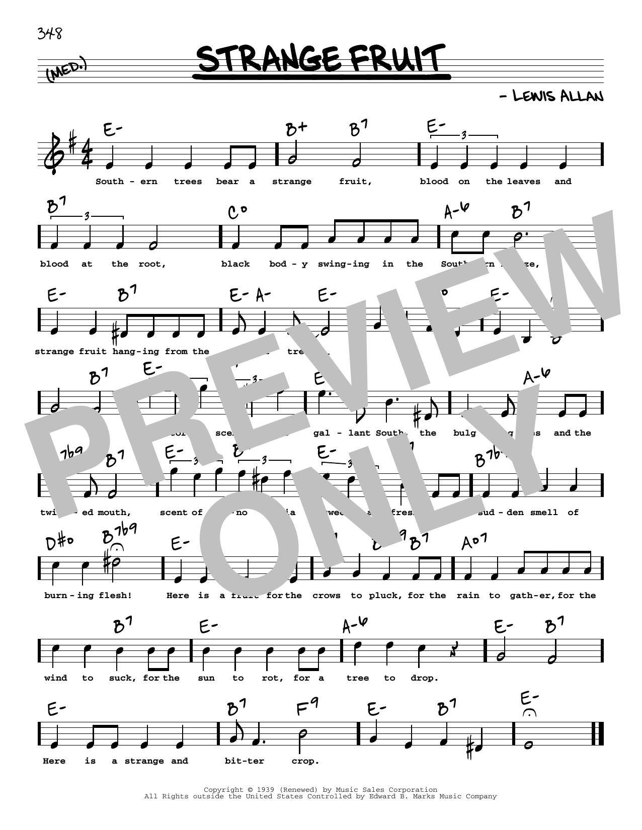 Billie Holiday Strange Fruit (High Voice) sheet music notes and chords arranged for Real Book – Melody, Lyrics & Chords