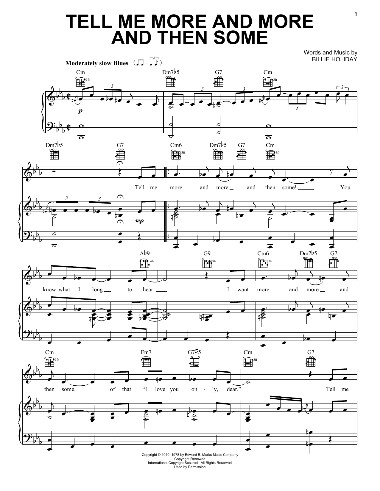 Billie Holiday Tell Me More And More And Then Some sheet music notes and chords arranged for Piano, Vocal & Guitar Chords (Right-Hand Melody)