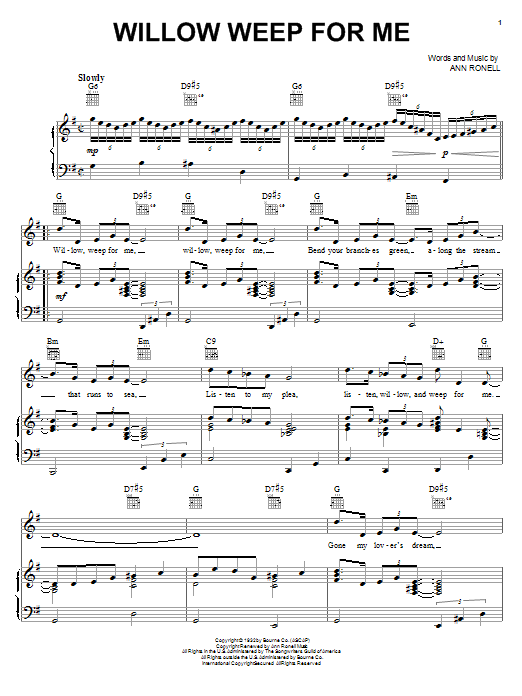 Billie Holiday Willow Weep For Me sheet music notes and chords arranged for Piano, Vocal & Guitar Chords (Right-Hand Melody)
