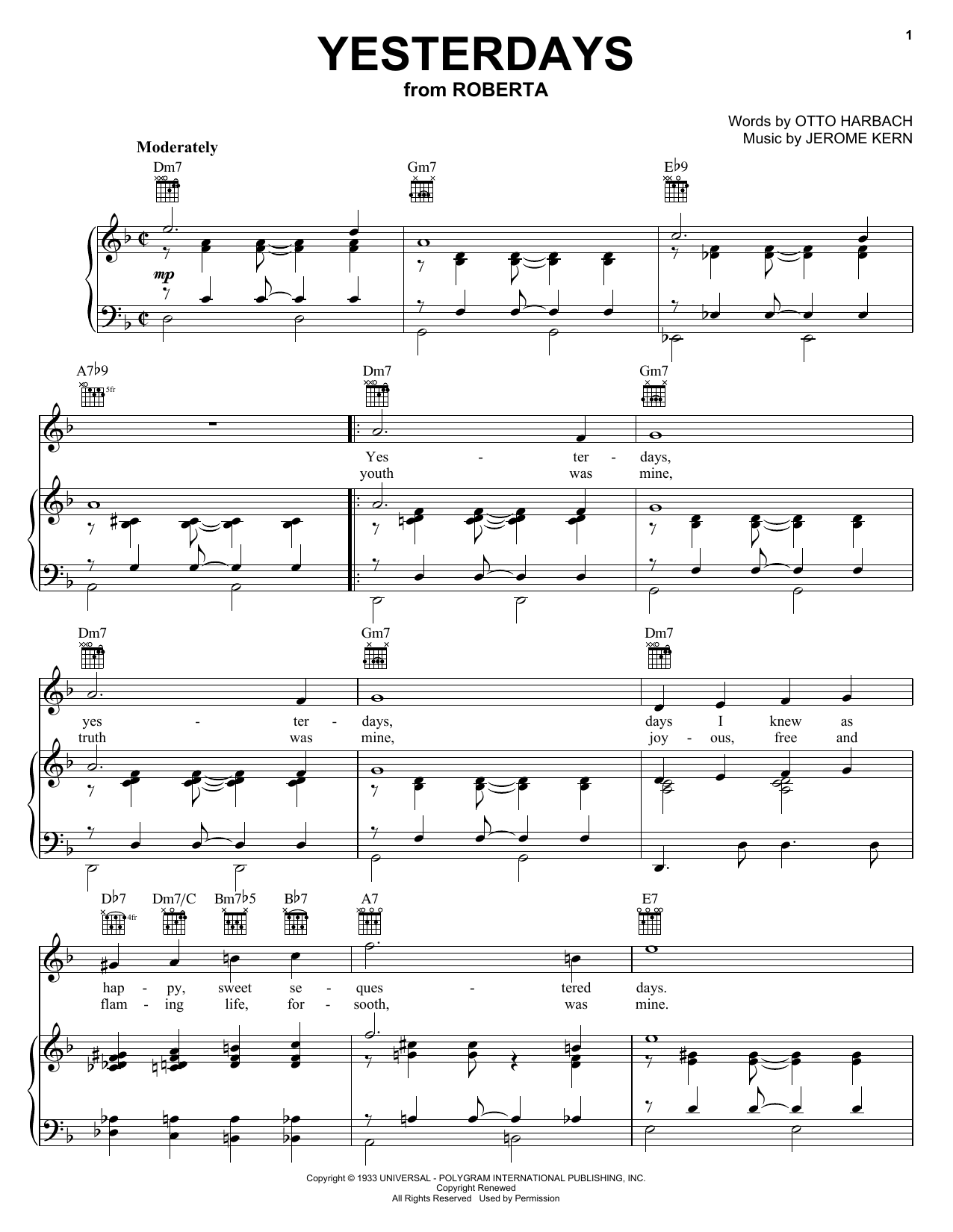 Billie Holiday Yesterdays sheet music notes and chords arranged for Piano, Vocal & Guitar Chords (Right-Hand Melody)