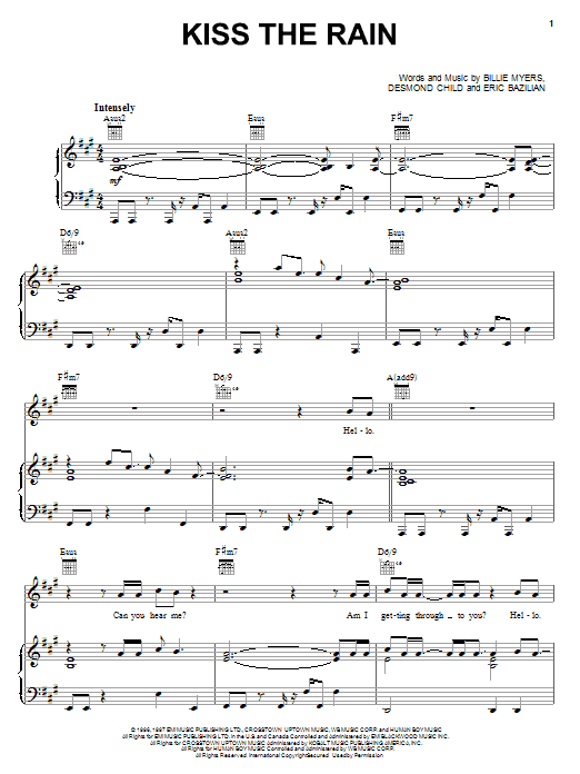 Billie Myers Kiss The Rain sheet music notes and chords arranged for Piano, Vocal & Guitar Chords (Right-Hand Melody)