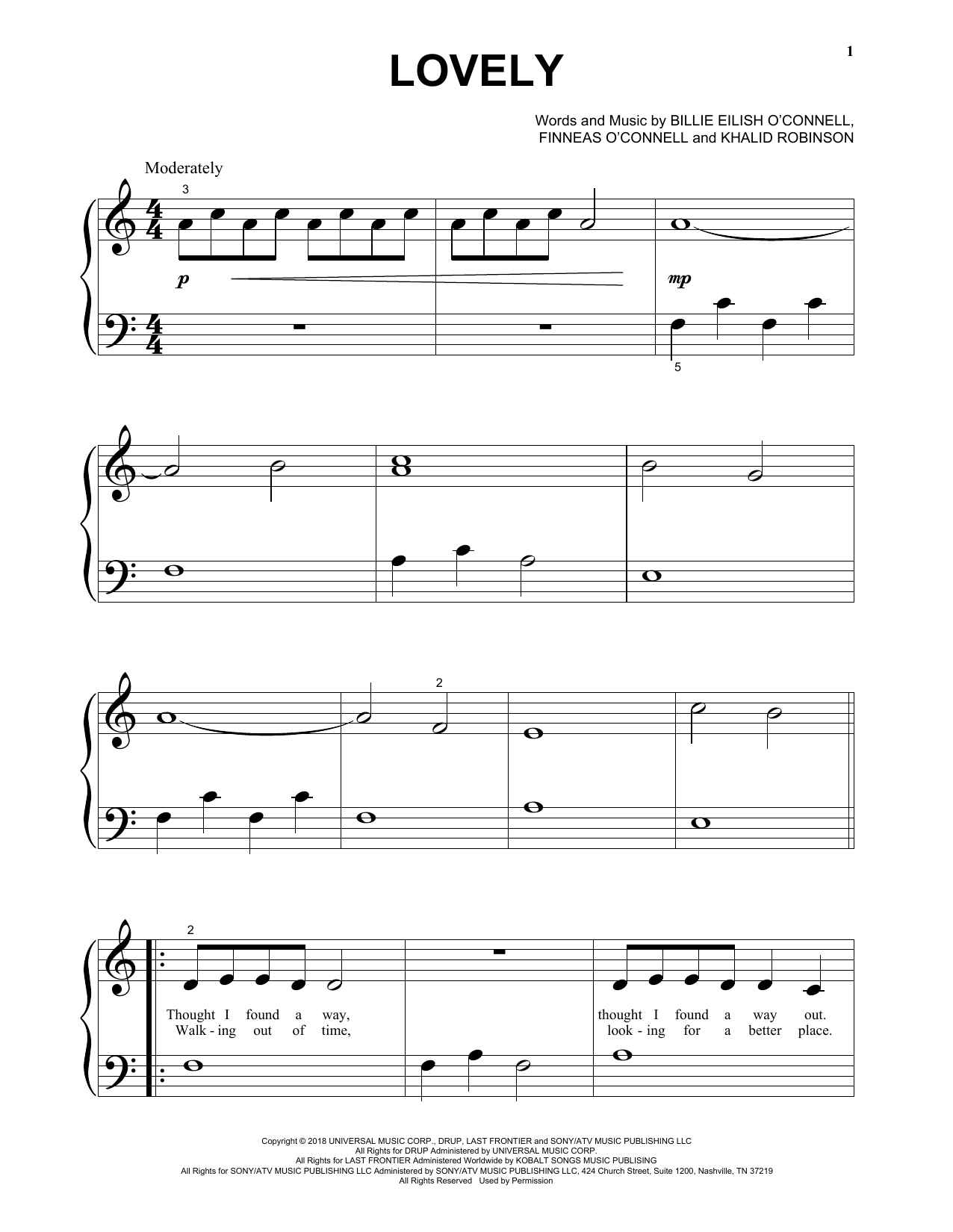 Billie Eilish lovely (from 13 Reasons Why) sheet music notes and chords arranged for Big Note Piano