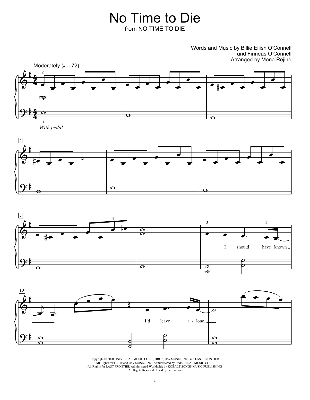 Billie Eilish No Time To Die (arr. Mona Rejino) sheet music notes and chords arranged for Educational Piano