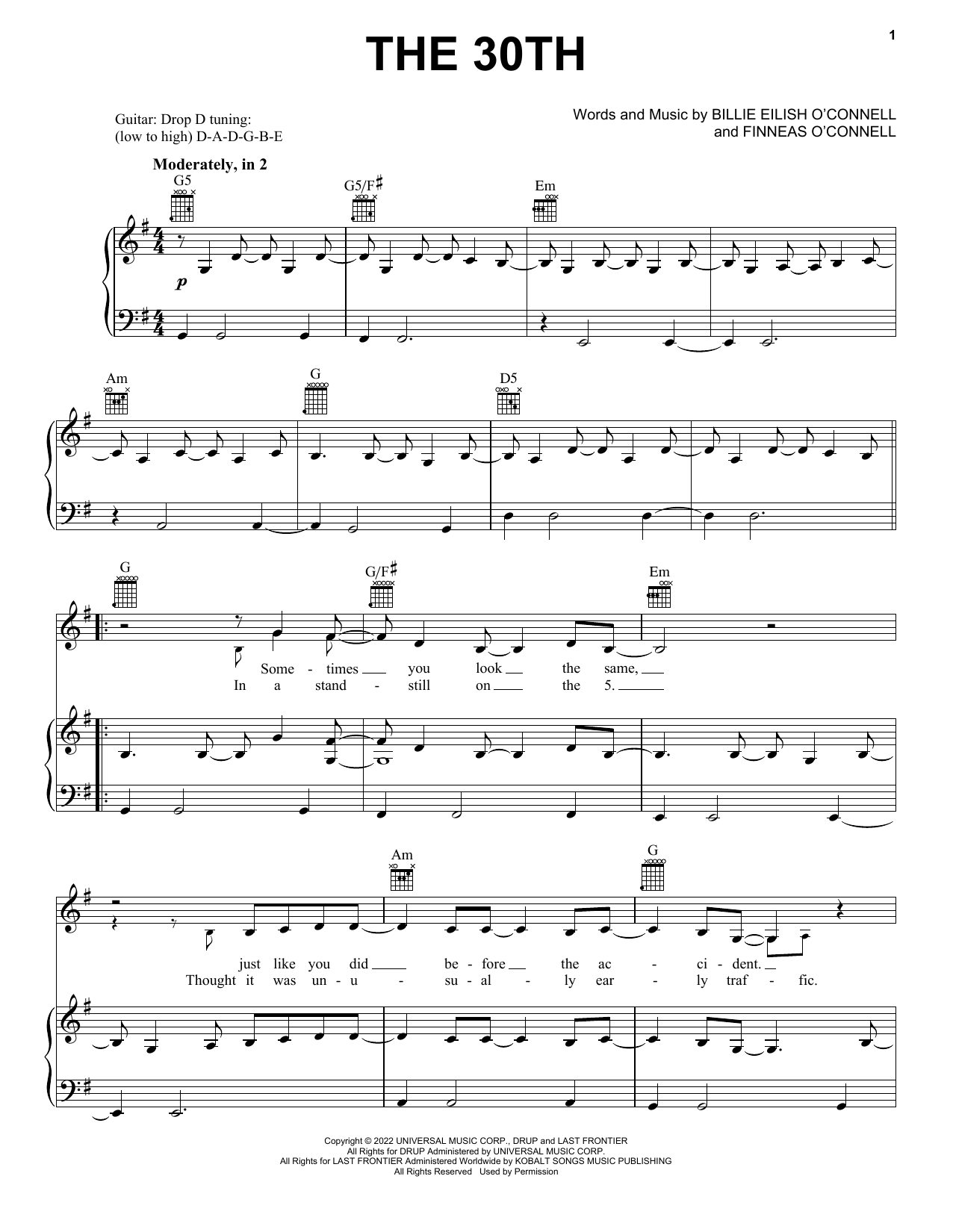 Billie Eilish The 30th sheet music notes and chords arranged for Piano, Vocal & Guitar Chords (Right-Hand Melody)