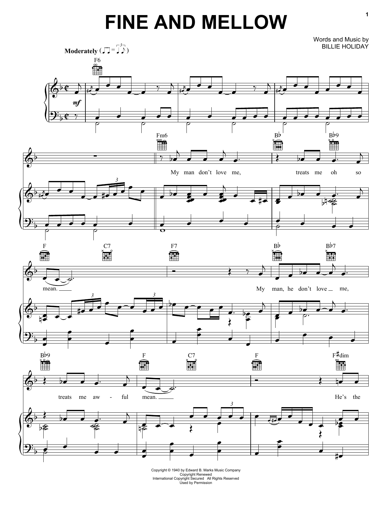 Billie Holiday Fine And Mellow sheet music notes and chords arranged for Piano & Vocal
