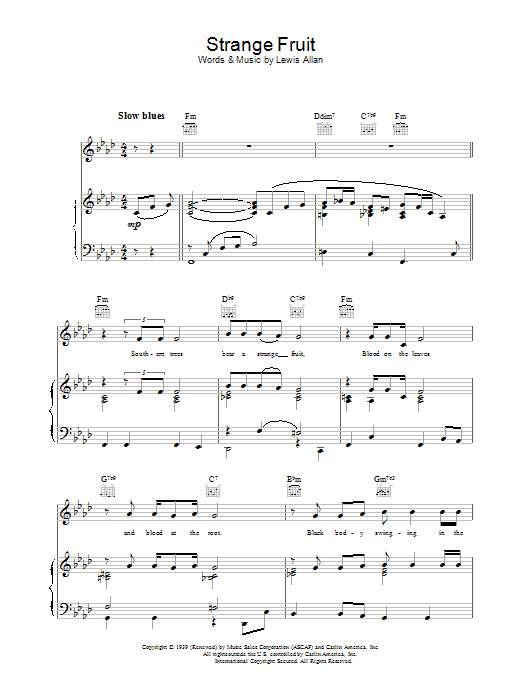 Billie Holiday Strange Fruit sheet music notes and chords. Download Printable PDF.