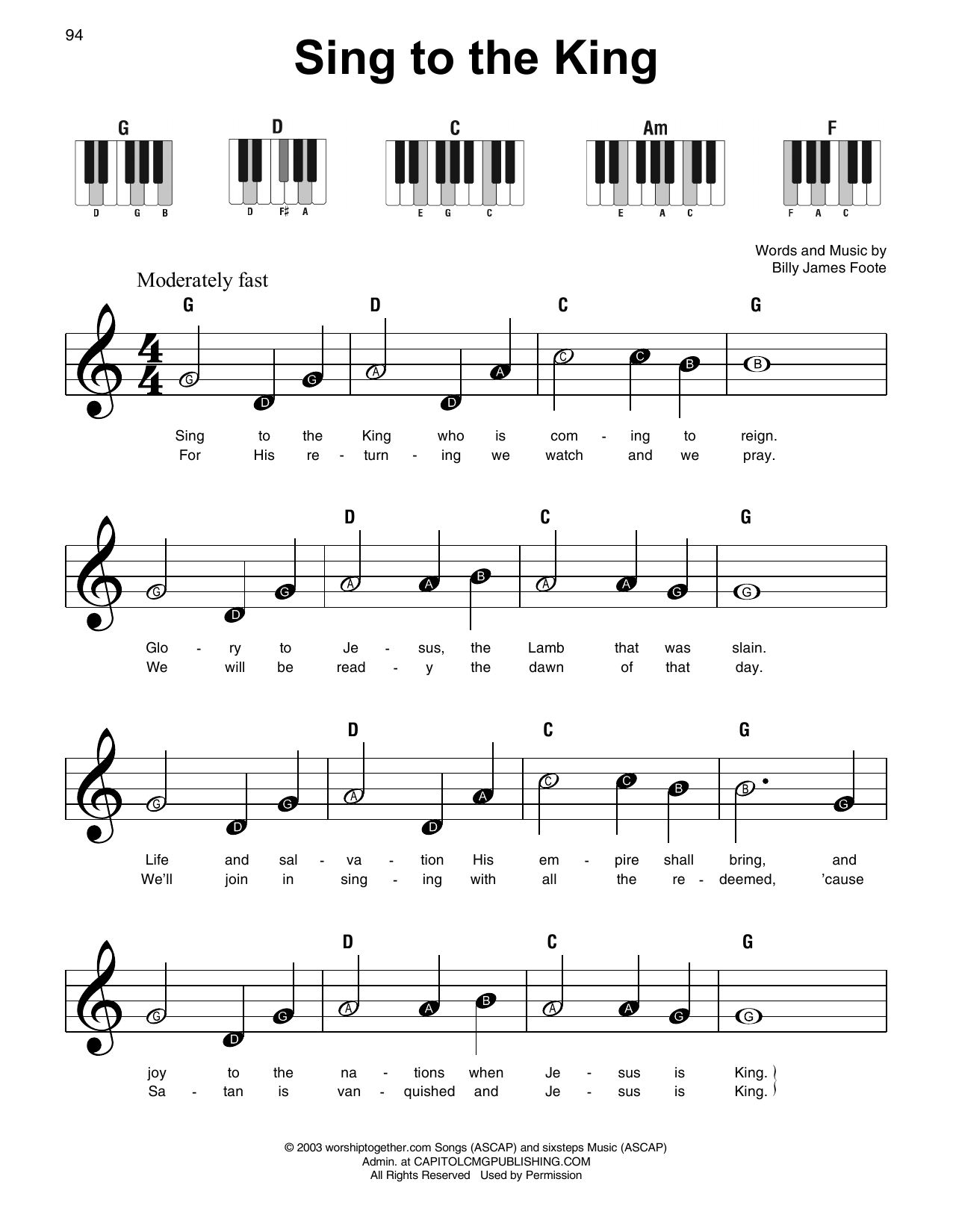 Billy and Cindy Foote Sing To The King sheet music notes and chords arranged for Super Easy Piano