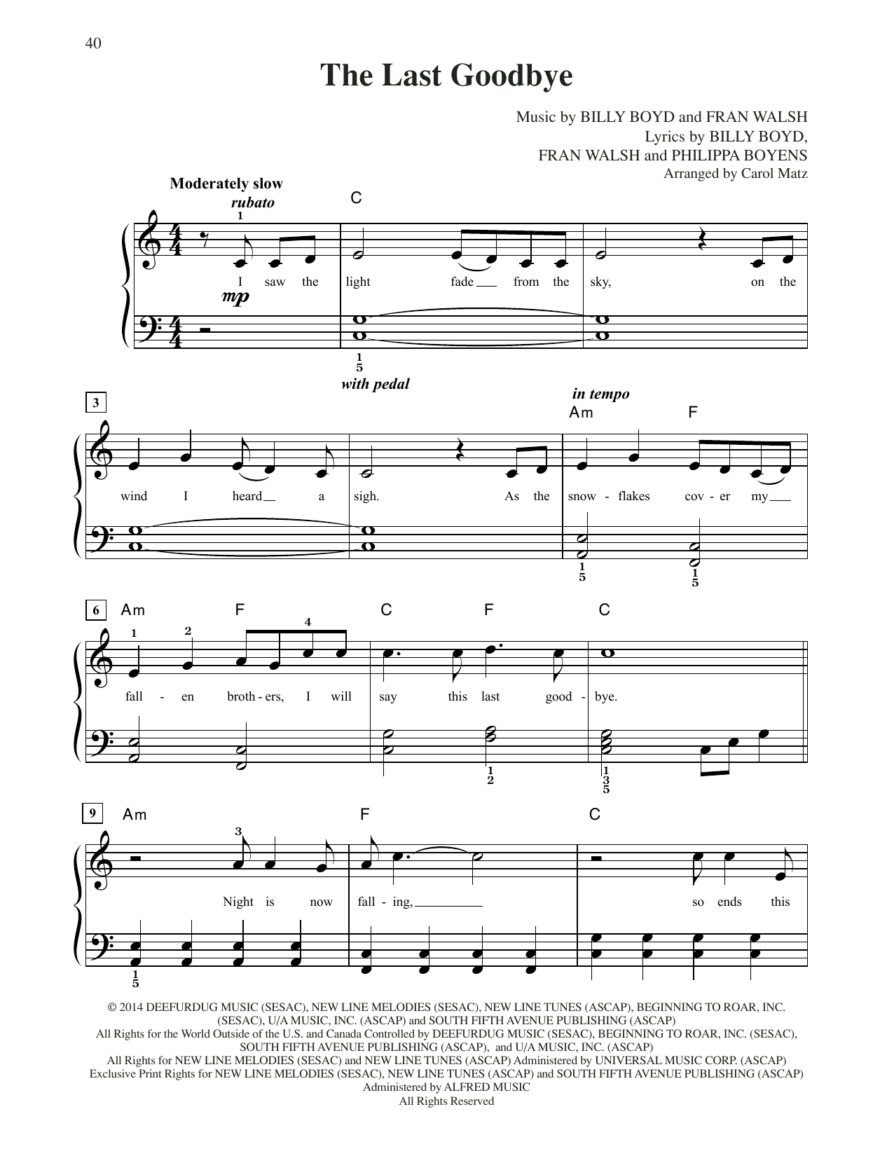 Billy Boyd The Last Goodbye (from The Hobbit: The Battle of the Five Armies) (arr. Carol Matz) sheet music notes and chords arranged for Big Note Piano