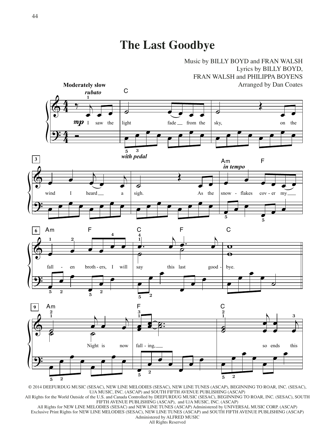 Billy Boyd The Last Goodbye (from The Hobbit: The Battle of the Five Armies) (arr. Dan Coates) sheet music notes and chords arranged for Easy Piano