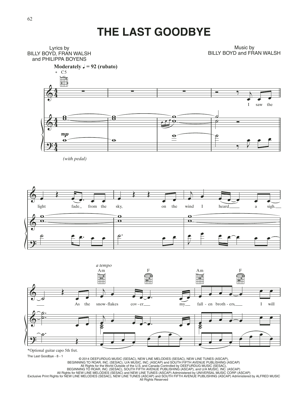 Billy Boyd The Last Goodbye (from The Hobbit: The Battle of the Five Armies) sheet music notes and chords arranged for Piano & Vocal