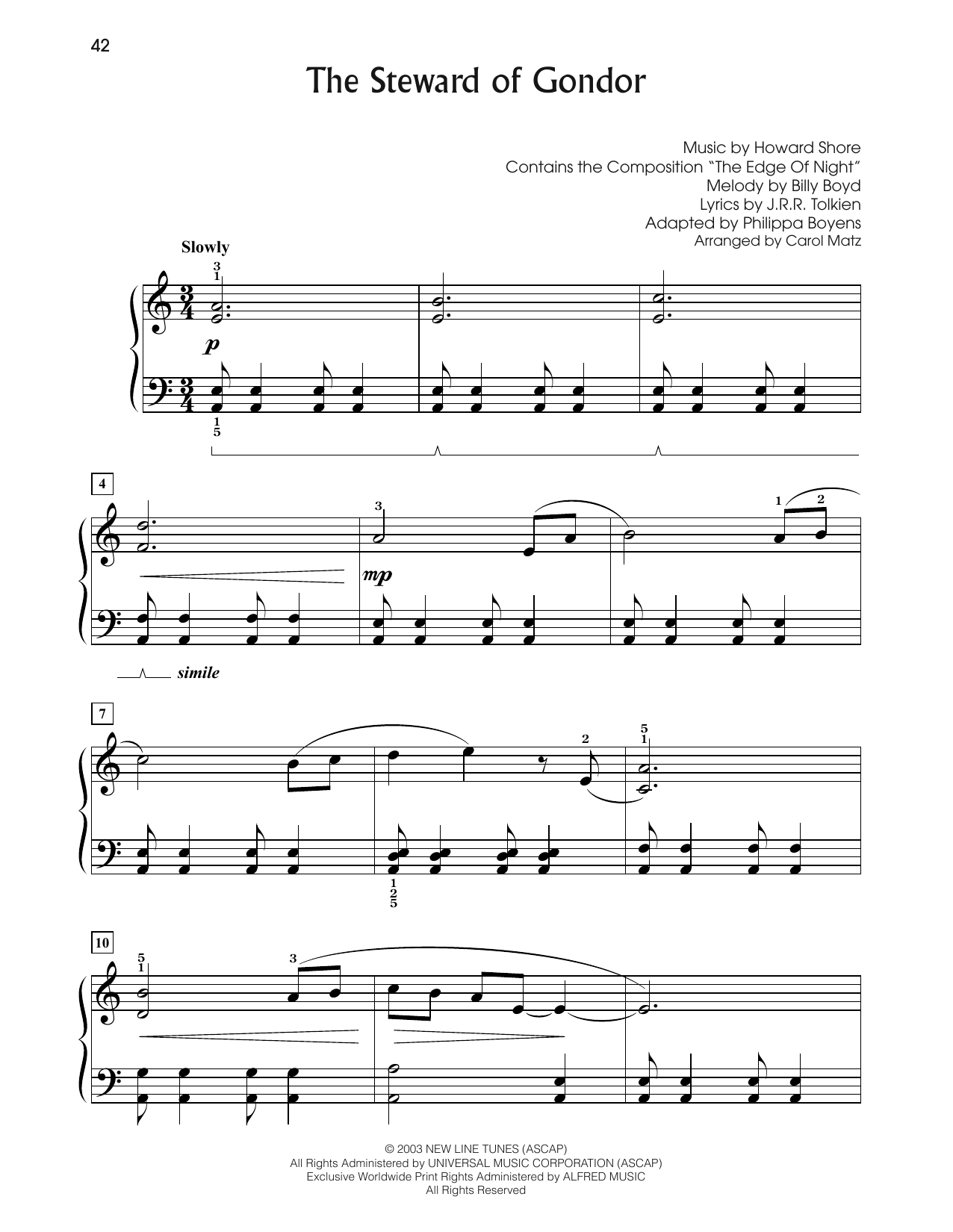 Billy Boyd The Steward of Gondor (from The Lord Of The Rings: The Return Of The King) (arr. Carol Matz) sheet music notes and chords arranged for Big Note Piano