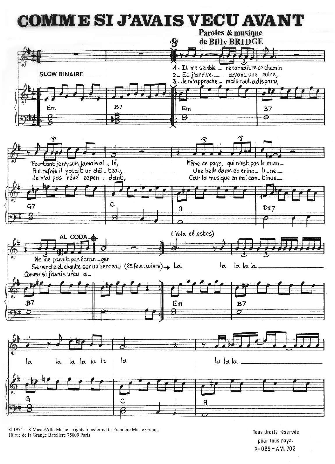 Billy Bridge Comme Si J'Avais Vecu Avant sheet music notes and chords arranged for Piano & Vocal