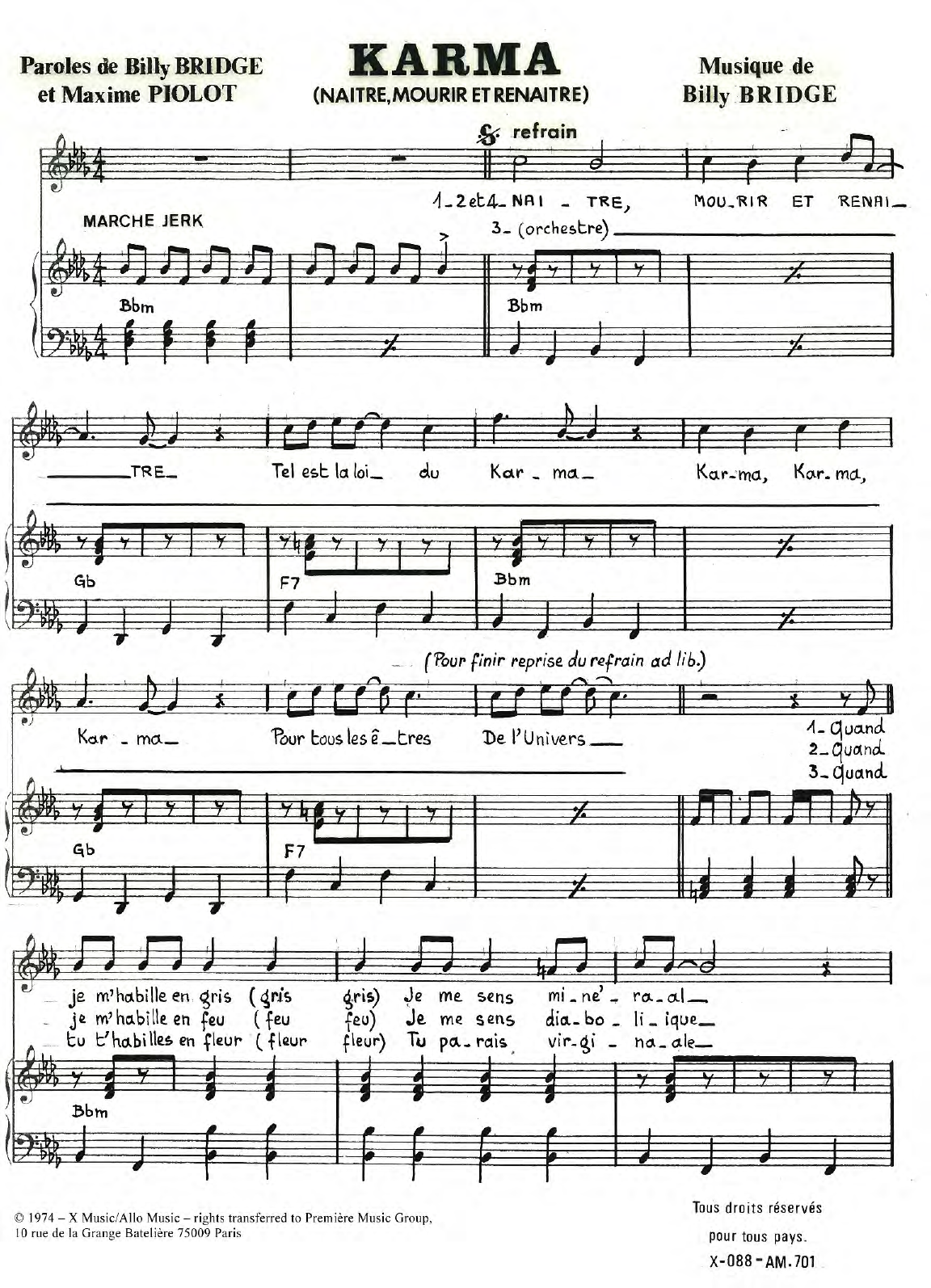 Billy Bridge Karma (Naitre Mourir Et Renaitre) sheet music notes and chords arranged for Piano & Vocal