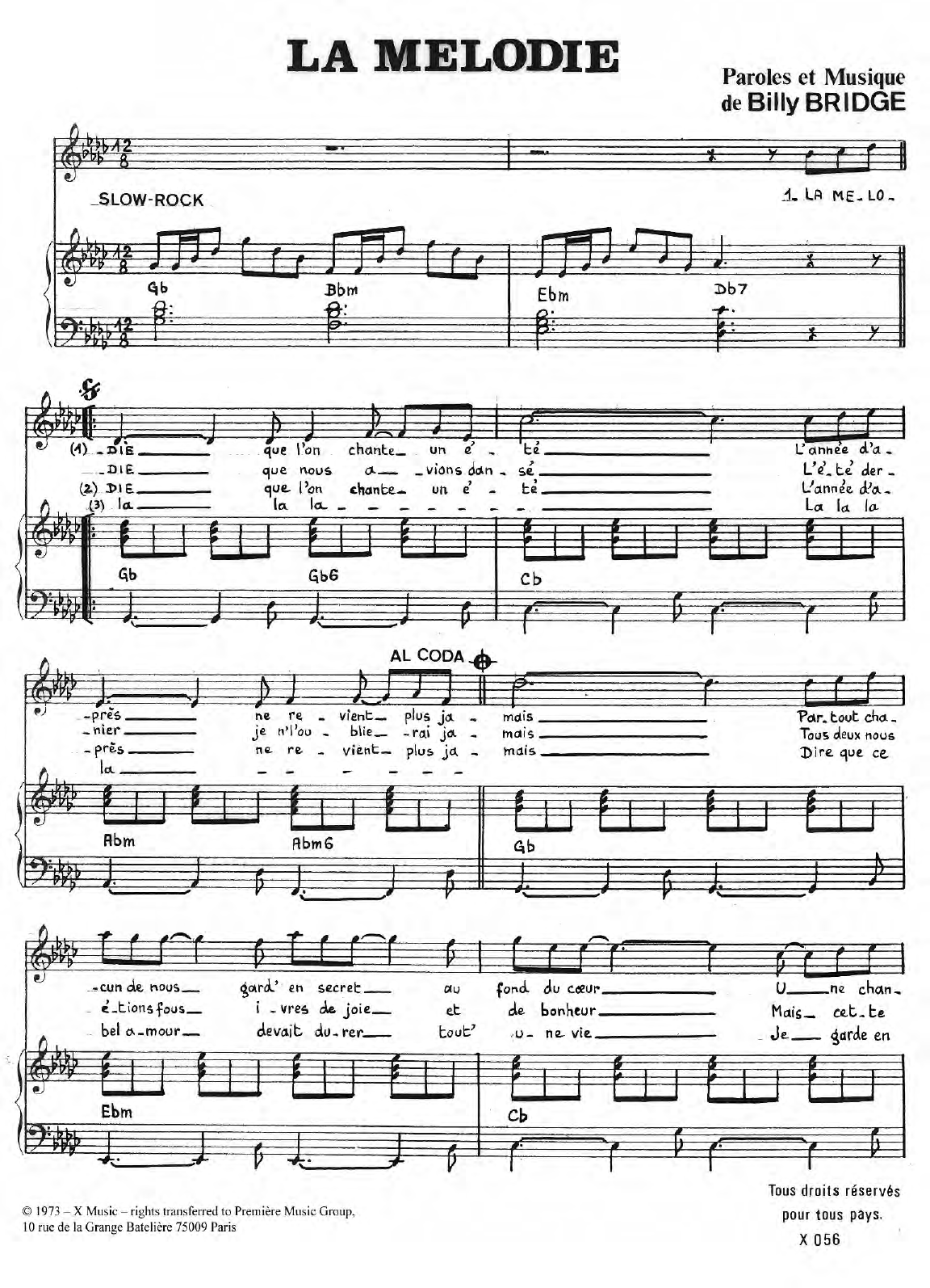 Billy Bridge La Melodie sheet music notes and chords arranged for Piano & Vocal