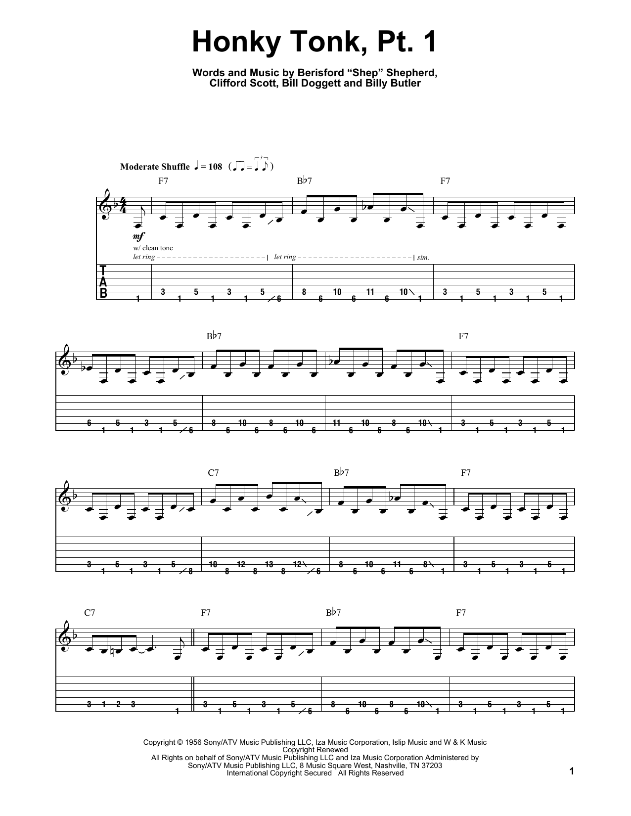 Billy Butler Honky Tonk (Part 1) sheet music notes and chords arranged for Guitar Tab (Single Guitar)