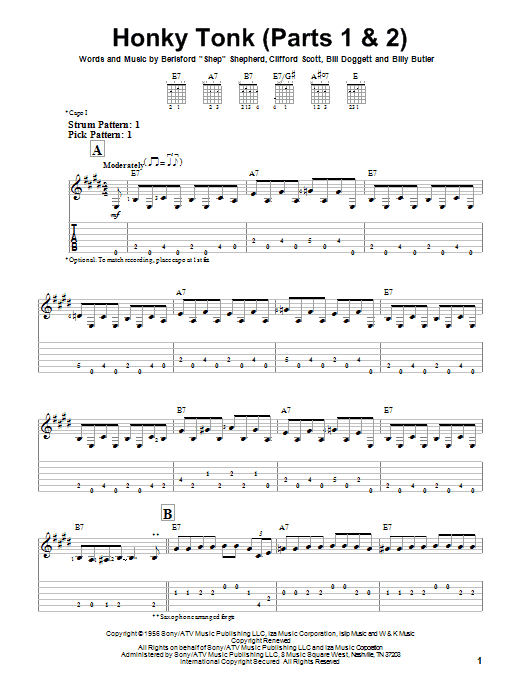 Billy Butler Honky Tonk (Parts 1 & 2) sheet music notes and chords arranged for Easy Guitar Tab