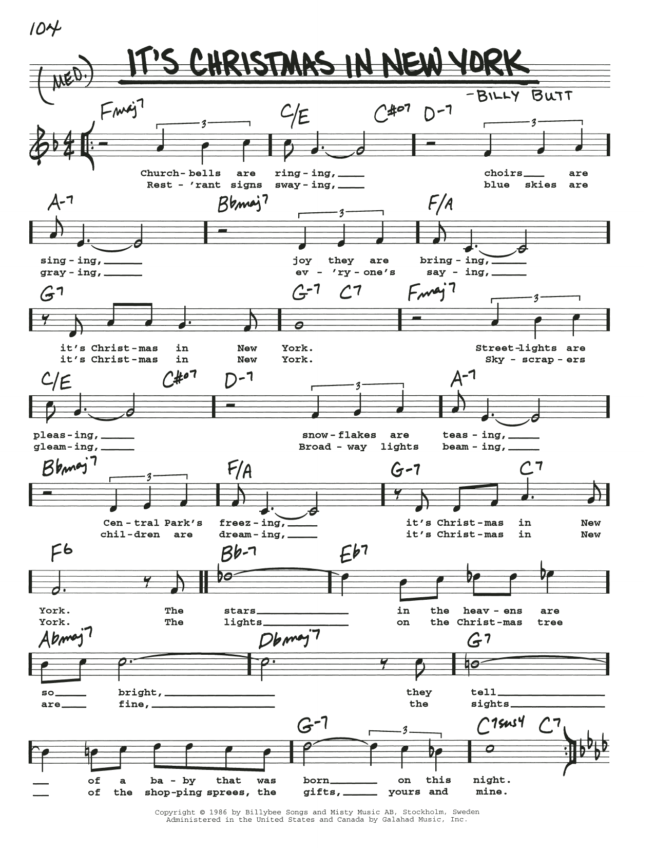 Billy Butt It's Christmas In New York sheet music notes and chords arranged for Real Book – Melody, Lyrics & Chords