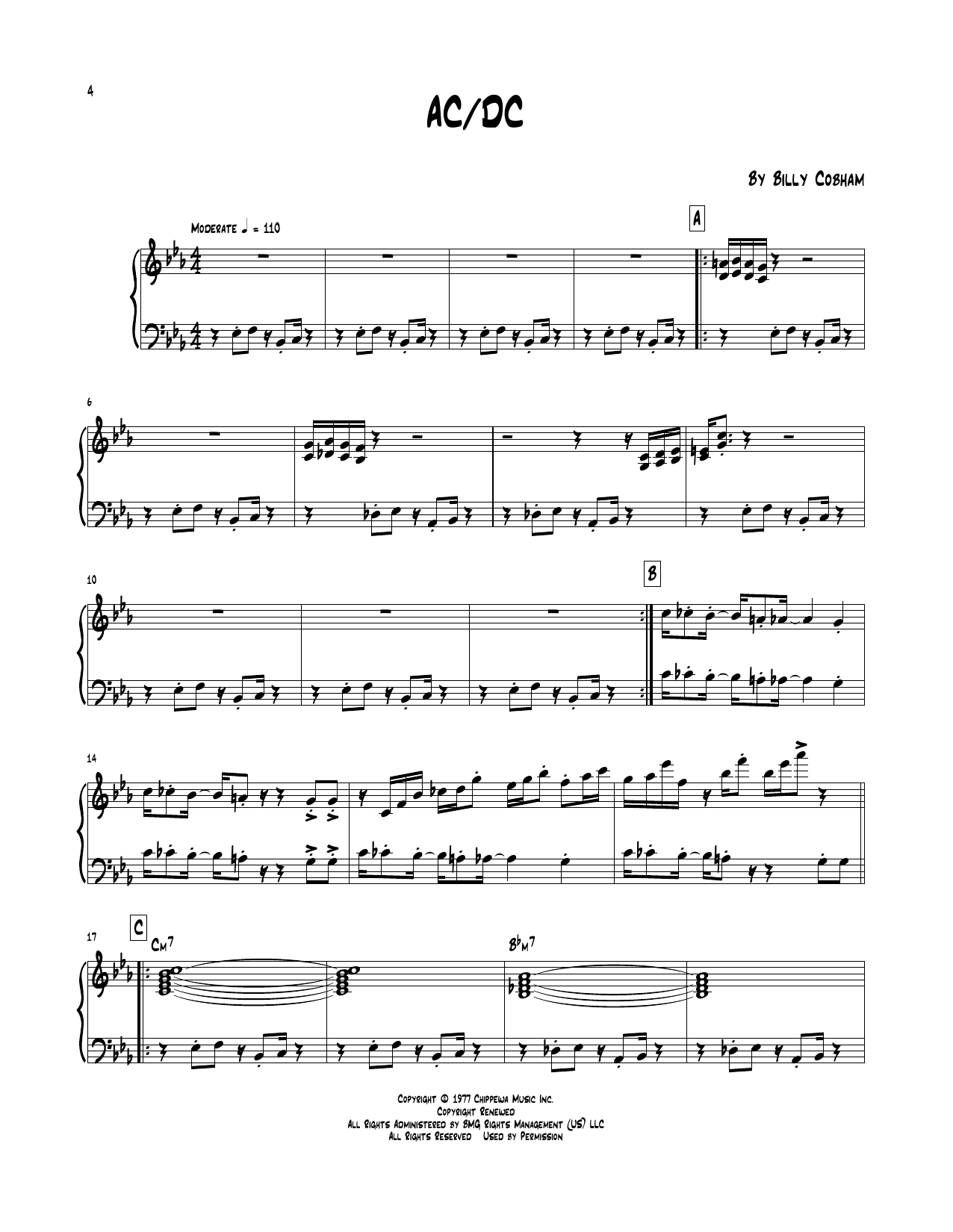 Billy Cobham AC/DC sheet music notes and chords arranged for Piano Transcription