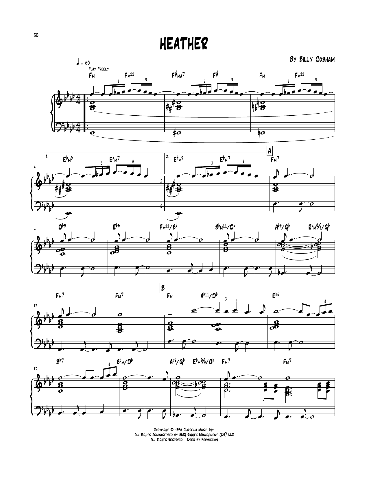 Billy Cobham Heather sheet music notes and chords arranged for Piano Transcription